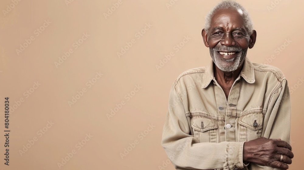 Wall mural African-American senior man studio portrait, elderly black male model dressed in casual simple clothes, everyday looking, background with copy space, different people and diversity, AI generated imag