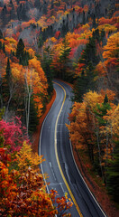 Naklejka premium The mountain road as it cuts through a forest of trees displaying vibrant autumn colors, road weaving through the landscape. Generative AI.