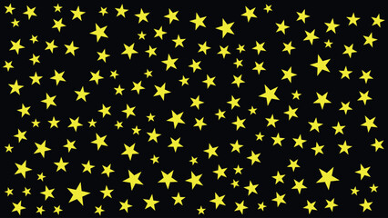 Abstract pattern of yellow stars of different sizes on a black background simulating starry skies