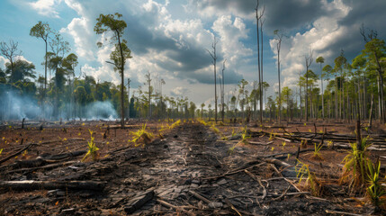 Global warming environment, deforestation accelerates, exacerbating carbon emissions and biodiversity loss, necessitating reforestation efforts and sustainable land management practices.