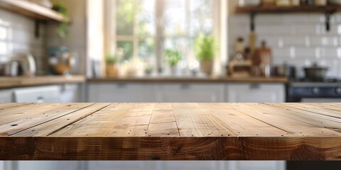 A wooden surface on a blurry kitchen backdrop, ideal for product showcasing or designing.