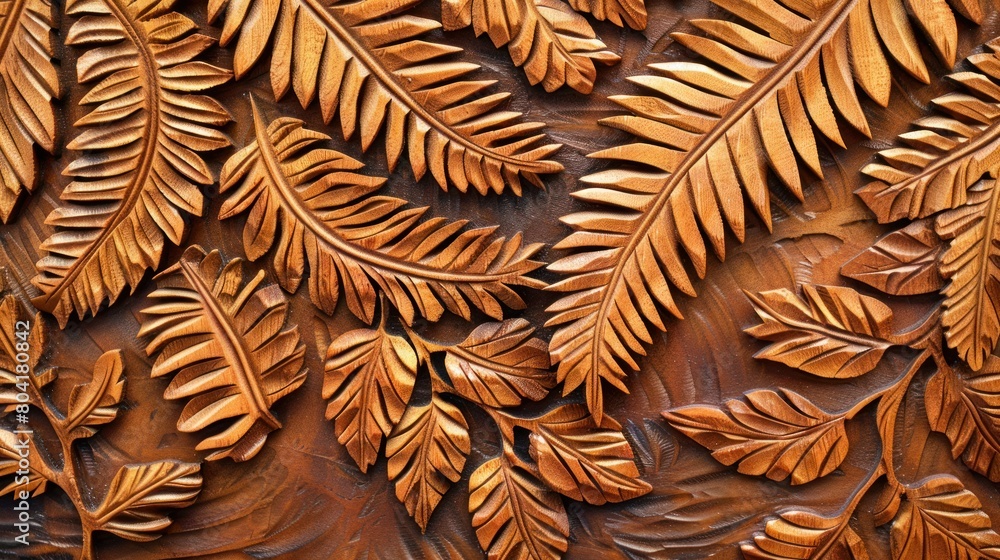 Poster abstract floral carving background with wooden texture, carved forest fern leaves, botanical hand ma