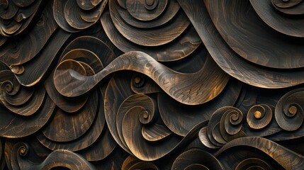 Abstract carving wooden background with organic whimsical shapes, natural eco colors and textures, lines, waves, holes and washes on the wood surface, AI generated