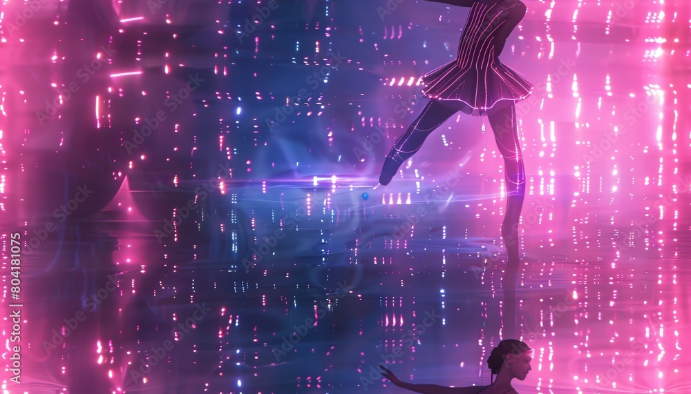 Poster Capture a CG 3D scene of a ballet dancer with embedded LED lights on a digital stage