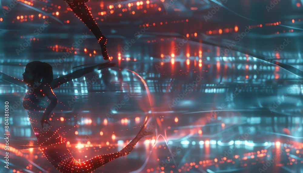 Poster capture a cg 3d scene of a ballet dancer with embedded led lights on a digital stage