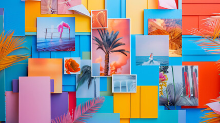 Mood board with pictures on color background