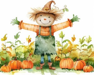 In this watercolor painting, a cheerful scarecrow stands in a pumpkin patch on a sunny fall day, Clipart minimal watercolor isolated on white background