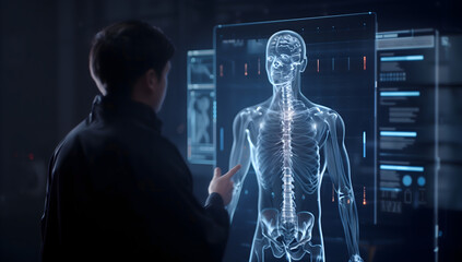 A man is looking to an AI hologram display