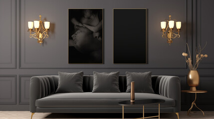 Dark Themed Living Room with Artistic Wall Portraits