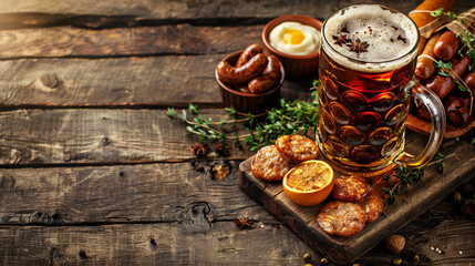 Mug of cold beer board with Bavarian sausages