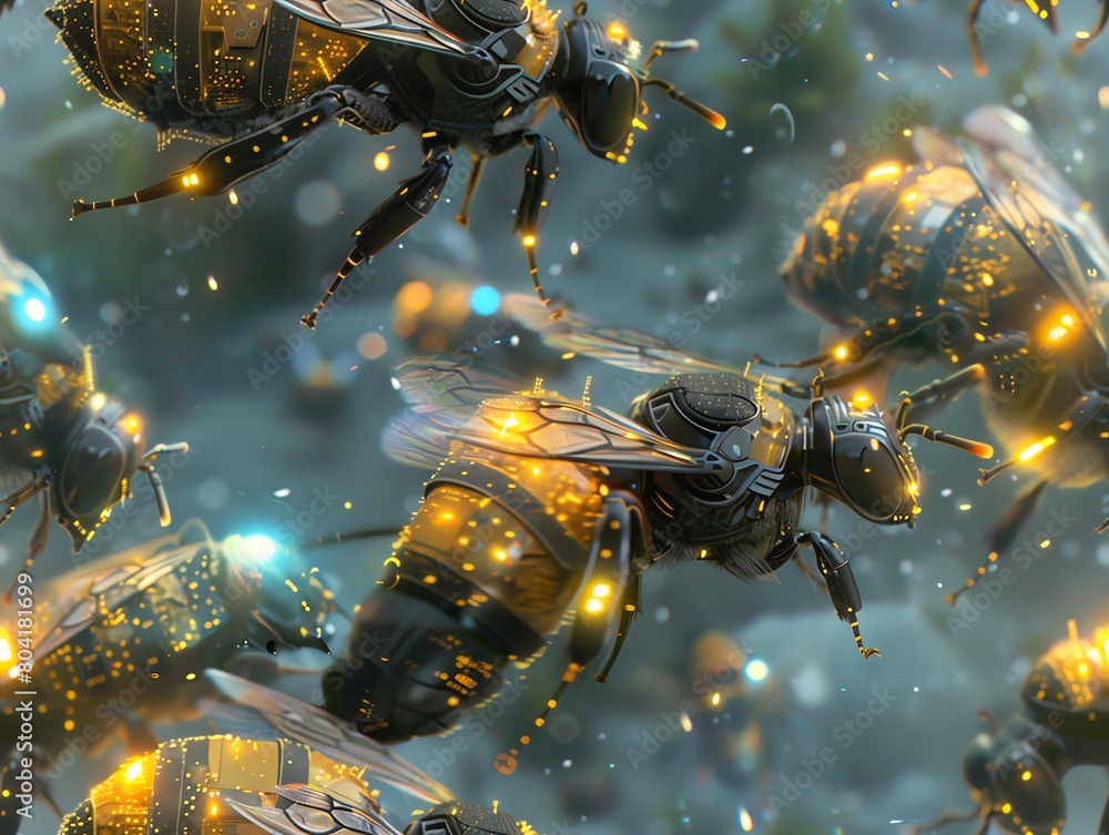 Poster capture the dynamic choreography of robotic bees performing an aerial dance from above show the ethe