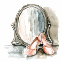 In this watercolor painting, a pair of ballet slippers lies beside a dance studio mirror, Clipart minimal watercolor isolated on white background