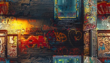 Capture the essence of a mysterious portal within a graffiti-covered alley in a close-up shot Infuse the scene with photorealistic textures