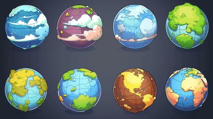 A cartoon illustration of the Earth planet. A model of the globe with oceans, peninsulas, and clouds, textured surfaces rotating, and sequence frames of changing and turning.