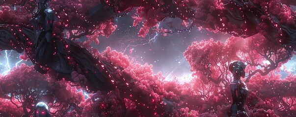 Craft a mesmerizing image of a robotic samurai standing tall at eye level in a cyberpunk garden, with neon vines snaking around metallic cherry blossom trees