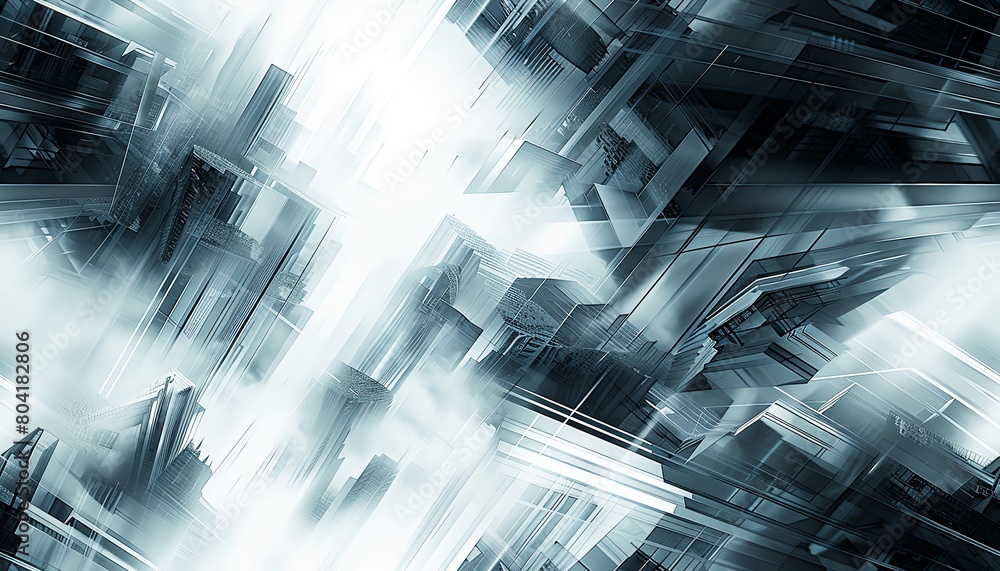Poster craft a minimalist design of a sleek, futuristic cityscape using sharp lines and cool, metallic tone