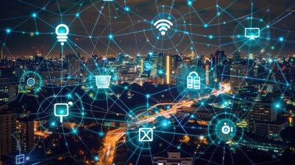 Obraz premium Abstract technology industry, Internet of Things emerges as a web of connectivity, interlinking devices and revolutionizing data collection. security vulnerabilities.