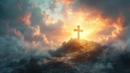A holy cross standing on a hill, bathed in a celestial light that pierces a cloudy sky - Powered by Adobe