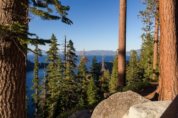 view in the valley of the famous emerald bay at Lake Tahoe at sunset