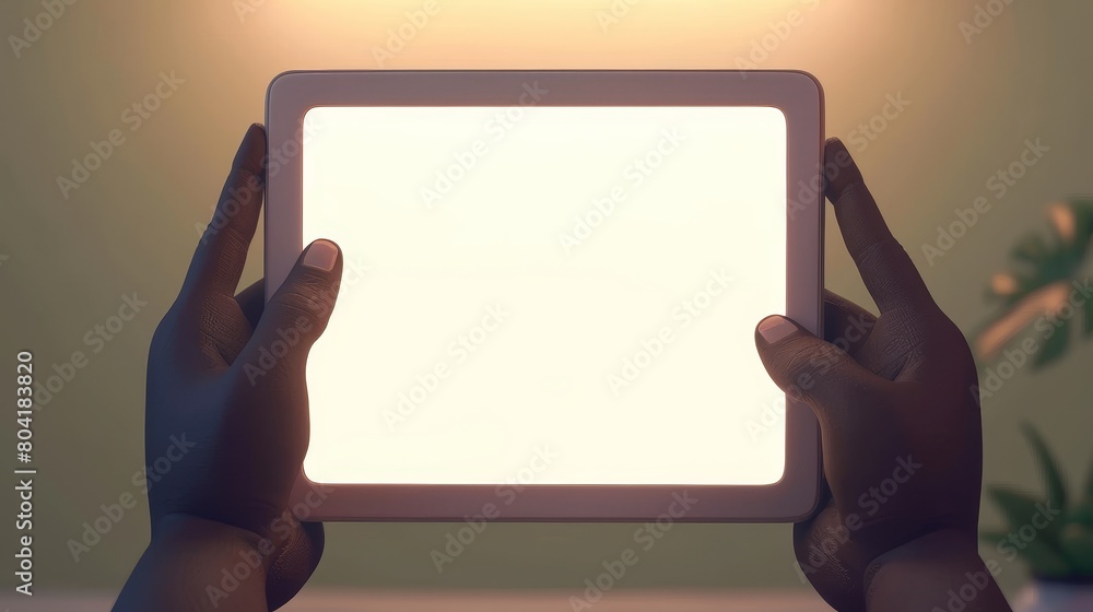 Aufkleber an african american holds and uses a tablet computer with an empty white screen, a smart gadget with