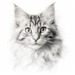 Cat portrait hand drawn sketch engraving style. Fluffy cat head sitting and looking. White background