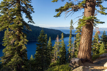view in the valley of the famous emerald bay at Lake Tahoe at sunset