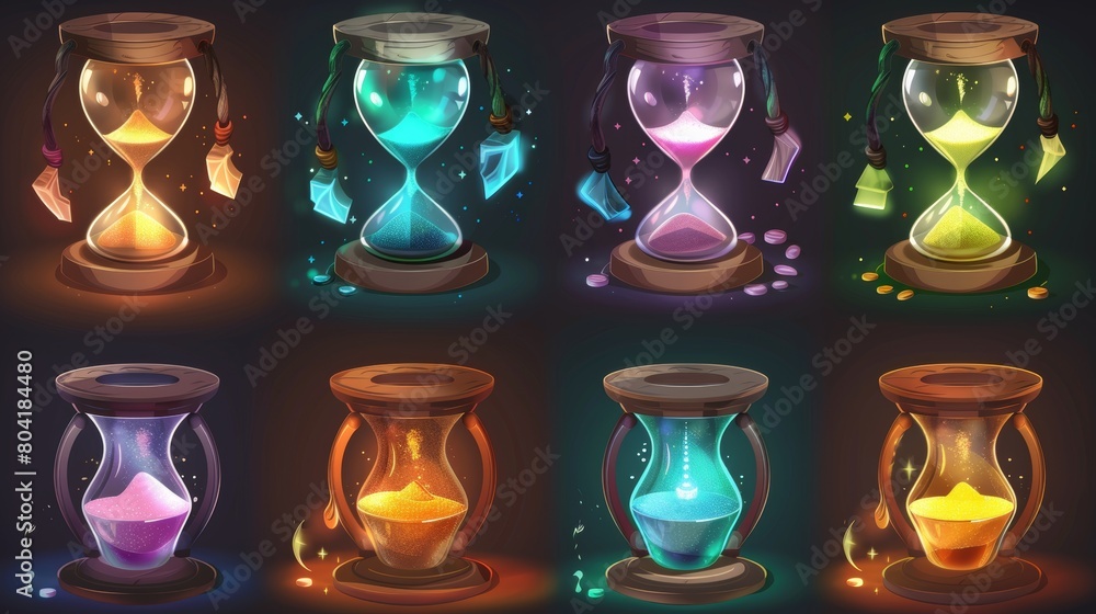 Aufkleber an hourglass animation sprite sheet rotating game icon. a glass clock with falling sand. an isolated