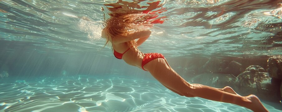 girl in red bathing suit diving under water in swimming pool