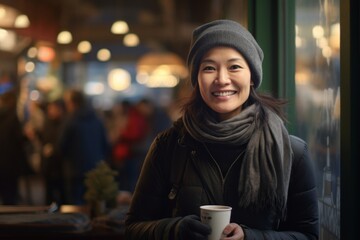 Portrait of a happy asian woman in her 40s dressed in a warm ski hat while standing against bustling city cafe - Powered by Adobe