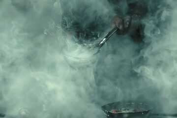 Fuse the elegance of watercolor textures with the macabre fascination of culinary horror Illustrate a chefs hand reaching out from a foggy mist