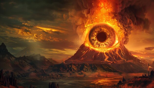 the eye of sauron with a volcano in backgrond