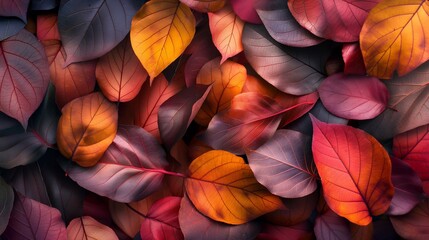 A montage of autumn leaves, their shapes and colors overlapped and blended into an abstract...
