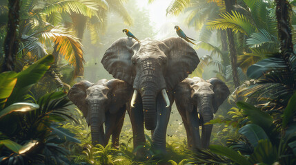 elephants in the jungle - obrazy, fototapety, plakaty