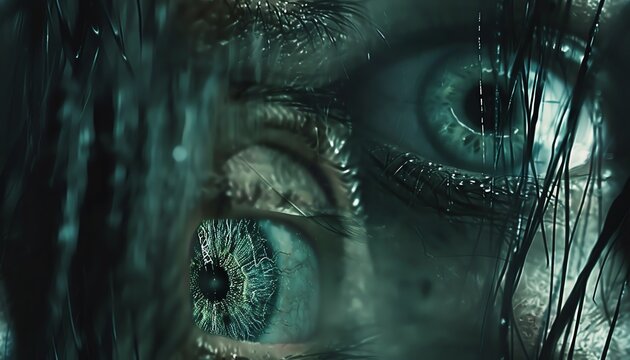 Heighten the horror experience with Artistic Movements infused into a spine-chilling scene at eye level, utilizing unexpected camera angles to captivate and terrify the audience