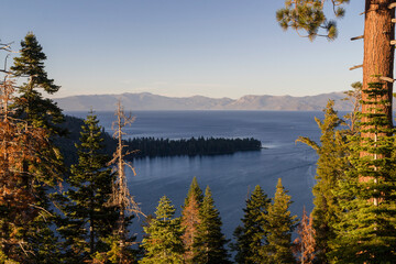 view in the valley of the famous emerald bay at Lake Tahoe at sunset