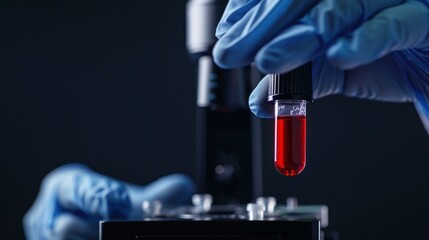 hand with surgical glove holding vial with red solution, blurred microscope