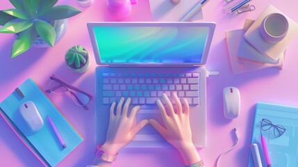 View of a top view 3D render of a laptop and hands, human arms using a keyboard with mouse and a notebook device, modern office supplies, illustration in cartoon plastic.