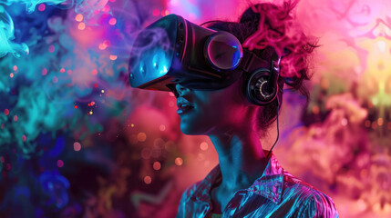 Naklejka premium Abstract technology industry, virtual reality unfolds as a canvas for immersive experiences, blurring the boundaries between the physical and digital worlds.