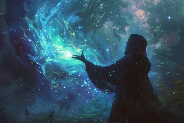 Mystical Forest Encounter with Magical Energy and Cloaked Figure