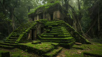 An ancient, moss-covered temple ruin hidden deep within a lush, misty jungle