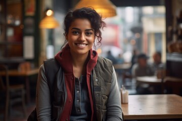 Portrait of a content indian woman in her 20s dressed in a water-resistant gilet over bustling city cafe