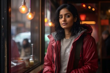 Fototapeta premium Portrait of a content indian woman in her 20s dressed in a water-resistant gilet in bustling city cafe