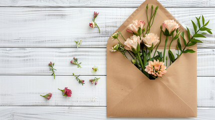 Open mail envelope with flowers on white wooden background