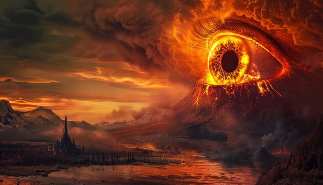 the eye of sauron with a volcano in backgrond