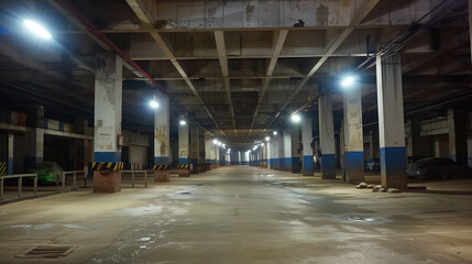 Fototapeta premium Illuminated underground parking garage with columns and empty spaces.