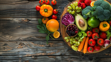 Balanced Diet: Image of colorful fruits and vegetables on a wooden board or plate