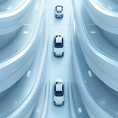 Aerial view of cars on a futuristic highway.
