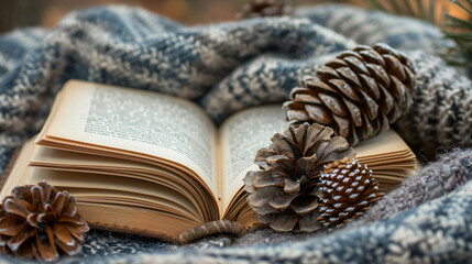 Fototapeta na wymiar Opened book and pine cones on soft plaid closeup