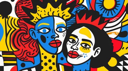 Illustration with contemporary portraits, modern modern design with surreal faces of male and female characters. Cartoon linear graphics with strange hairstyles and doodle elements.