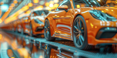 Shiny orange sports cars on an assembly line.